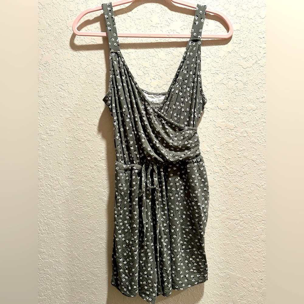 Army green romper with flowers